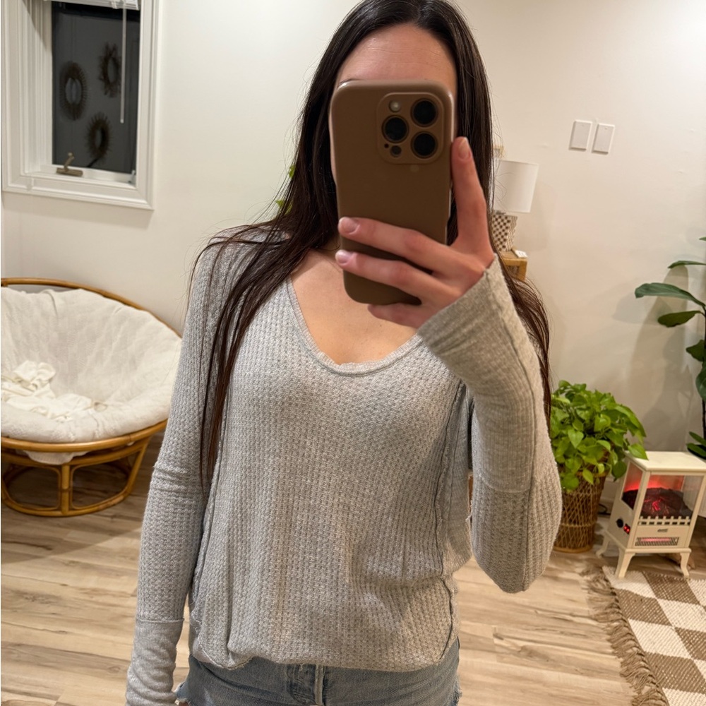 Gray Long Sleeve Waffle Knit Top
